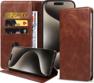 Produktbild von Smartphonica Handytasche passend für iPhone 15 Pro Max Kunstleder mit Magnetverschluss und Kartenhalter Buchhülle mit Klappe - Dunkelbraun
