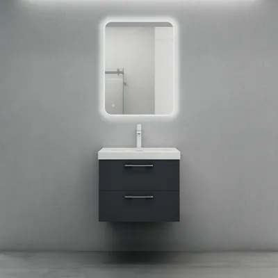 A modern bathroom vanity set with a sink and mirror mounted on a gray wall.