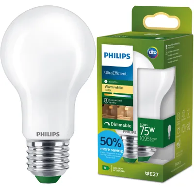 Produktbild von Philips Filament-Lampe, Milchglas, 75 W A60 E27, 5,2 W, 75 W, E27, 1095 lm, 50000 h