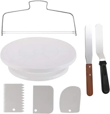 Produktbild von Drehteller zum Dekorieren von Kuchen, Zubehör zum Dekorieren von Kuchen mit Dekorationskamm/Zuckerguss-Glätter (3 Stück), 2 Zuckerguss-Spatel mit seitlichen und abgewinkelten