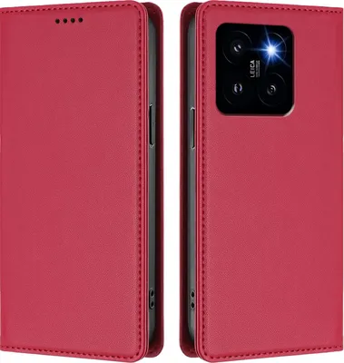 Image de Etui en cuir pour Xiaomi 14 Pro, étui magnétique en cuirPolyuréthaneavec support Rouge