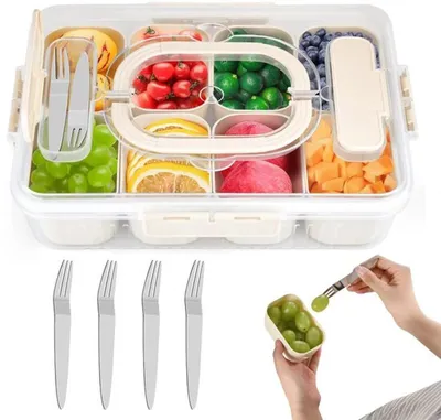 Immagine prodotto di Pratico contenitore portatile per snack con otto scomparti e quattro forchette integrate