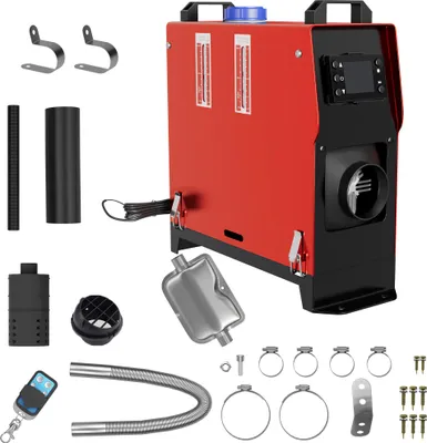 A collection of parts for a diesel heater, including the main unit, exhaust pipe, fuel line, remote control, and various mounting hardware, laid out on a white background.