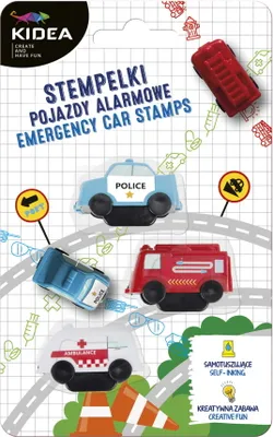 Packaging for a set of emergency vehicle stamps, showing the stamps and some decorative elements.