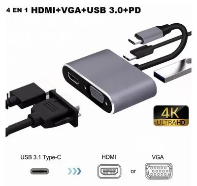Produktbild von 4-in-1-USB-C-Multiport-Hub (Typ C) mit HDMI 4K, VGA, USB 3.0 und Typ C (silberfarben)