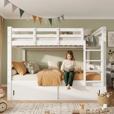 Imagen del producto de Cama nido de 90 x 200 cm, divisible en dos camas individuales, con espacio de almacenamiento con puerta corredera, barandillas de seguridad y escalera, fabricada en pino, MDF y LVL, color blanco