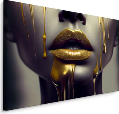 Produktbild von Muralo CANVAS Leinwandbild Goldene MUND Lippen Frau Gesicht ABSTRAKTION 3D Wanddeko Design Br. 40 cm x Hö. 30 cm