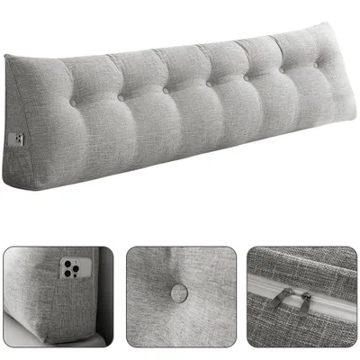 Produktbild von 200cm Keilkissen Bett Großes Rückenkissen Bett Lesekissen für Bett und Sofa,Bettkissen Wandkissen Bett Lendenkissen mit Seitentaschen Grau (Leinen)