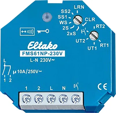 A blue electronic device with labels and screw terminals.