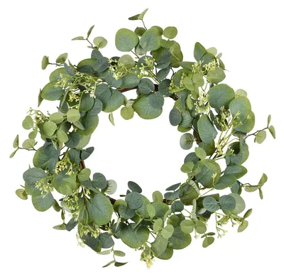 Produktbild von 45cm Künstlicher Eukalyptus Kranz, Grünen Eukalyptus Kranz für Haustür Blätter Kranz mit weißen Beeren für Frühling und alle Jahreszeiten, Grüner Blumenkranz für Wand und Außenbereich Floral