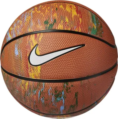 A basketball with a colorful, abstract design and a Nike logo.