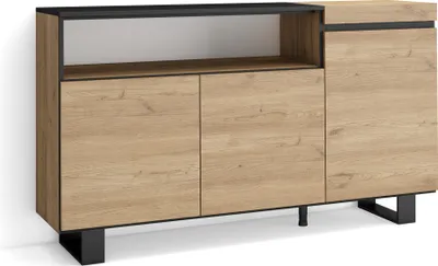 Image de COZY Buffet salon et cuisine, 150x35x87cm, 3 Portes, Chêne et noir