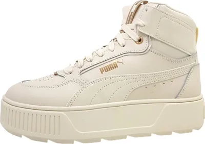 A side view of a cream-colored Puma Karmen Rebelle Mid WTR sneaker with gold accents.