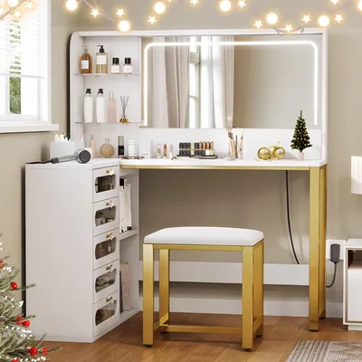 Zdjęcie produktu dla Toaletka INONEFT z oświetleniem LED, regulowaną jasnością, z 5 szufladami i 1 taboretem