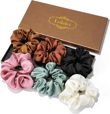 Image de Lolalet Soie Scrunchies Chouchous 6 pièces, Chouchous en satin Femmes Filles 6 couleurs - Marron Lilas Vert Blanc Noir