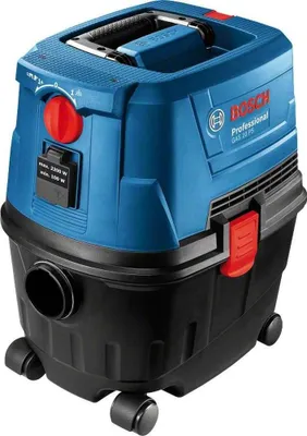 A Bosch GAS 15 PS Professional wet/dry vacuum cleaner is shown against a white background.