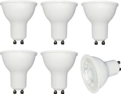 A collection of white LED light bulbs on a white background.