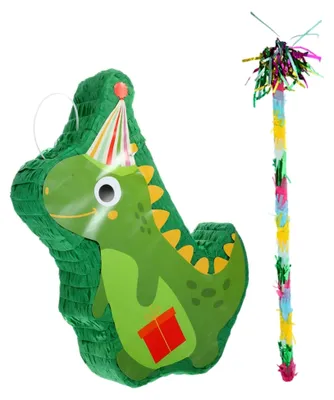 Produktbild von Dinosaurier Pinata mit grüner Dinosaurier- und Schlägerdekoration für Geburtstagsfeiern, unterhaltsames Spiel für Foto-Requisiten