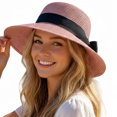 Produktbild von Strohhut Damen Sommer mit Breiter Krempe UV-Schutz 56-58 Rosa