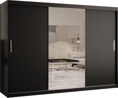 Produktbild von MIRJAN24 Kleiderschrank Riflo Slim 2 250, 3-türig Schiebetürenschrank, zwei Kleiderstangen, Aluminium-Gleitschienen, Frontspiegel (Farbe: Schwarz)