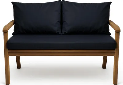 A studio shot of a navy blue cushioned outdoor bench.