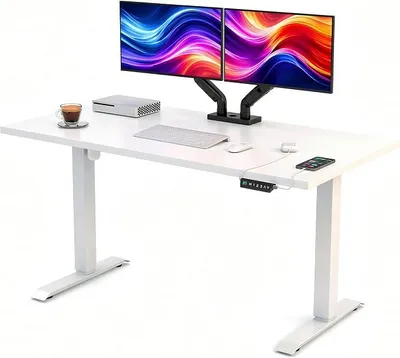 Produktbild von Höhenverstellbarer Schreibtisch Elektrisch 160x60 cm | Massive 25mm Platte | Memory-Panel mit USB-C und USB-A | Steh-Sitz-Tisch für Home Office | Gestell Weiß, Platte Weiß