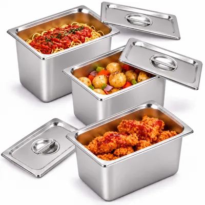Obrázek produktu pro Relaxdays Sada tří gastro kontejnerů, nerezová ocel, GN 1/4, gastronormové nádoby s víkem, rozměry 20x26,5x16,2 cm, vhodné do kuchyně, barva: stříbrná, Obrázek vytvořený pomocí AI