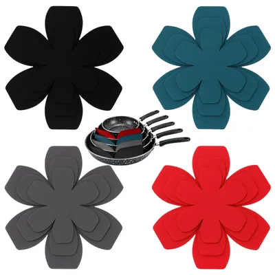 Image de Protection pour poêles et casseroles - Coffret de 12 pièces en feutre résistant aux rayures - Pour poêles, casseroles et bols - Tailles : 15/20/26 cm - Couleurs : gris, noir, rouge, bleu