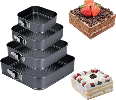 Produktbild von Set of 4 cake molds spring clip 22/24/26/28 cm square, baking molds with non-stick coating leak-proof cake molds made of steel, black flat bottom