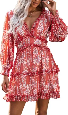 Produktbild von ASKSA Damen Chiffon Kleid Rückenfrei Elegant V-Ausschnitt A-Linie Flora Minikleid Strandkleid Blumenkleid, Rot, S
