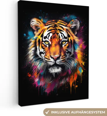Produktbild von Leinwandbilder 60x80 cm - Graffiti - Tiger - Tiere - Schwarz, Bilder Wohnzimmer Modern, Wanddeko