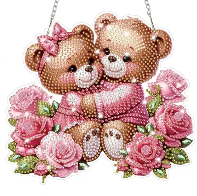 Image de Kit de création de pendentif "Ours et fleur" en peinture diamant 5D, idéal pour décorer une porte, une fenêtre, un mur, ou comme cadeau. Peut être suspendu