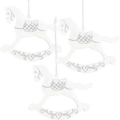 Produktbild von 3 Schaukelpferd Baumanhänger weiß grau - Metall Pferd Baumschmuck 11 cm