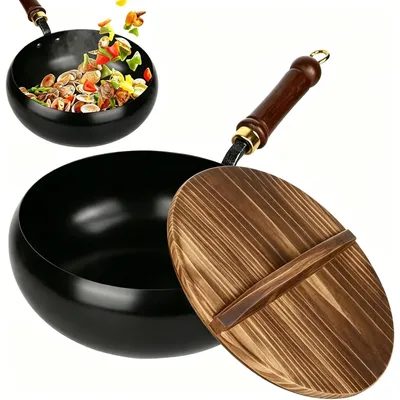 Produktbild von Gusseisen Bratpfanne - Pfanne 28 cm mit Deckel - Handgeschmiedet - Antihaft - Für Gasherd - Zum Braten und Wokgerichte