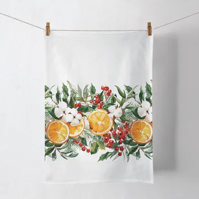 Zdjęcie produktu dla Bawełniany ręcznik kuchenny 50x70cm z motywem pomarańczy i jagód biały