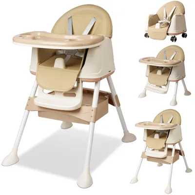 Produktbild von Hochstuhl Baby 2 in 1 mit Rollen, Höhenverstellbar Kinderhochstuhl, 3-Stufen Doppeltablett Essbrett Kombihochstuhl, Klappbar und Mitwachsend, Beige