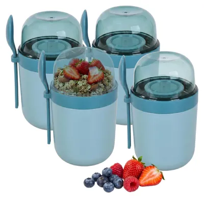 Immagine prodotto di Set di 4 contenitori per muesli da portare con sé, con 3 scomparti, cucchiaino incluso, a prova di perdite, capacità 400 e 280 ml, adatti al microonde, ideali anche per yogurt, colore blu