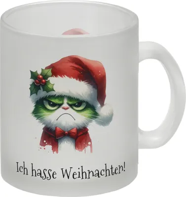 Produktbild von Weihnachtsmuffel-Katze Glas Tasse und Spruch Ich hasse Weihnachten!