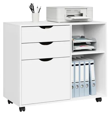 Produktbild von Mobiler Aktenschrank - Büro-Aktenschrank - 3 Schubladen - Verstellbare Hängemappenablage - Mit Rollen - Holz - 69,5 x 39,5 x 80 cm - Weiß