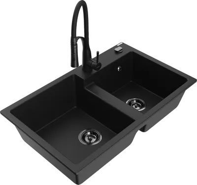 Produktbild von Mexen Tomas 2-Becken-Granitspüle mit Mischbatterie Aster, Schwarz - 6516-77-73450-70-B