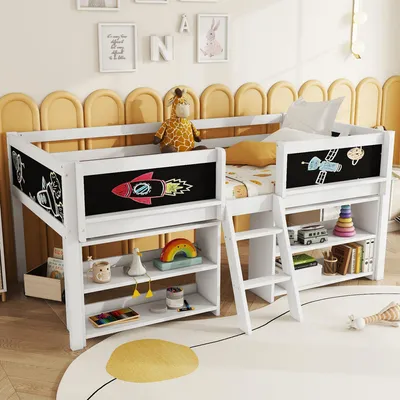A child's loft bed with storage shelves and chalkboard sides, decorated with drawings of a rocket and a satellite.