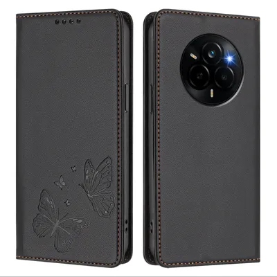 Produktbild von Lederhülle für Realme Narzo 80 Pro, Schmetterling Prägung Leder Brieftasche Schutzhülle mit Ständer Schwarz
