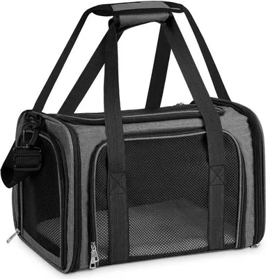 Productafbeelding van Transportbox honden/katten, zachte kooi, afneembare wasbare mat, schouderriem, opvouwbare tas vliegtuig (donkergrijs, 43x28x28 cm)