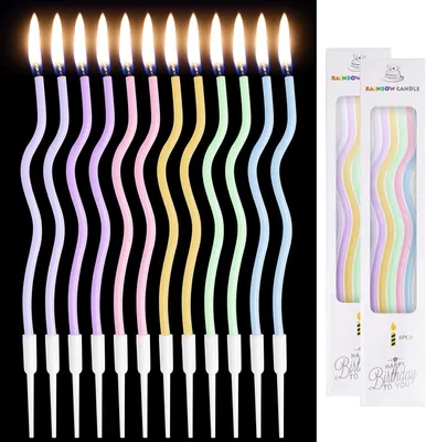 Image de Bougies d'anniversaire courbées, 12 bougies en spirale pour gâteau, bougies métalliques torsadées avec supports, idéales pour décorer les gâteaux d'anniversaire et les fêtes de naissance