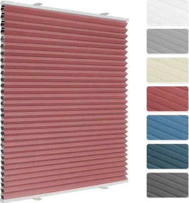 A pleated blind in red is shown in the foreground, with a series of color swatches of other available blind colors on the right side of the image.