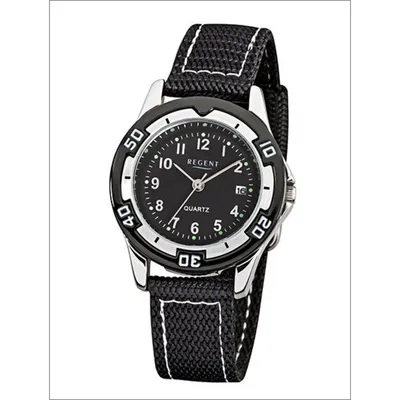 A close-up studio shot of a black analog wristwatch with a fabric strap.