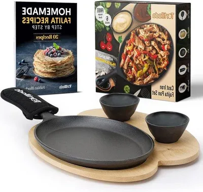 Obrázok produktu pre 255 cm liatinová panvica na fajitas, grilovacia sada na fajitas s drevenou doskou a keramickými miskami na omáčky_sada 1 ks
