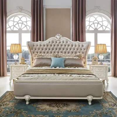 Image de Meubles baroque lit table de nuit 3pcs chambre à coucher ensemble bois véritable luxe complet