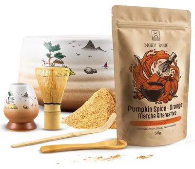 Produktbild von Mary Rose - Orange Matcha Tee Set Pumpkin Spice 50g - Keramik Schale Sangaku 500ml - Kusenaoshi, Bambus Chasen & Chashaku