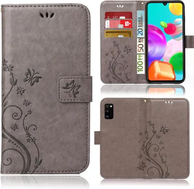 A collage of images showing a grey flip phone case with a floral and butterfly design, featuring card slots and a stand function. One image shows the case open with a phone inside, and another shows the back of the case with the camera cutout.